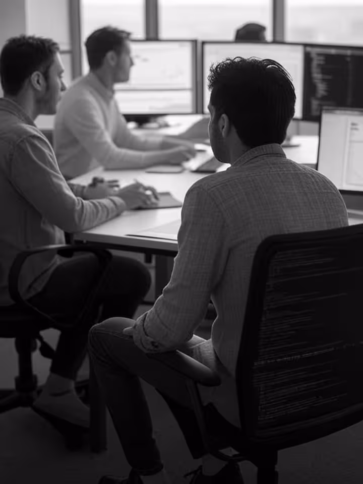 Developer team collaborating on international commerce project, multiple monitors showing code and a