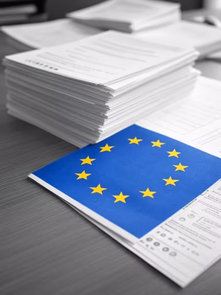 Legal compliance documents with EU flag and regulatory symbols, official documentation and certifica