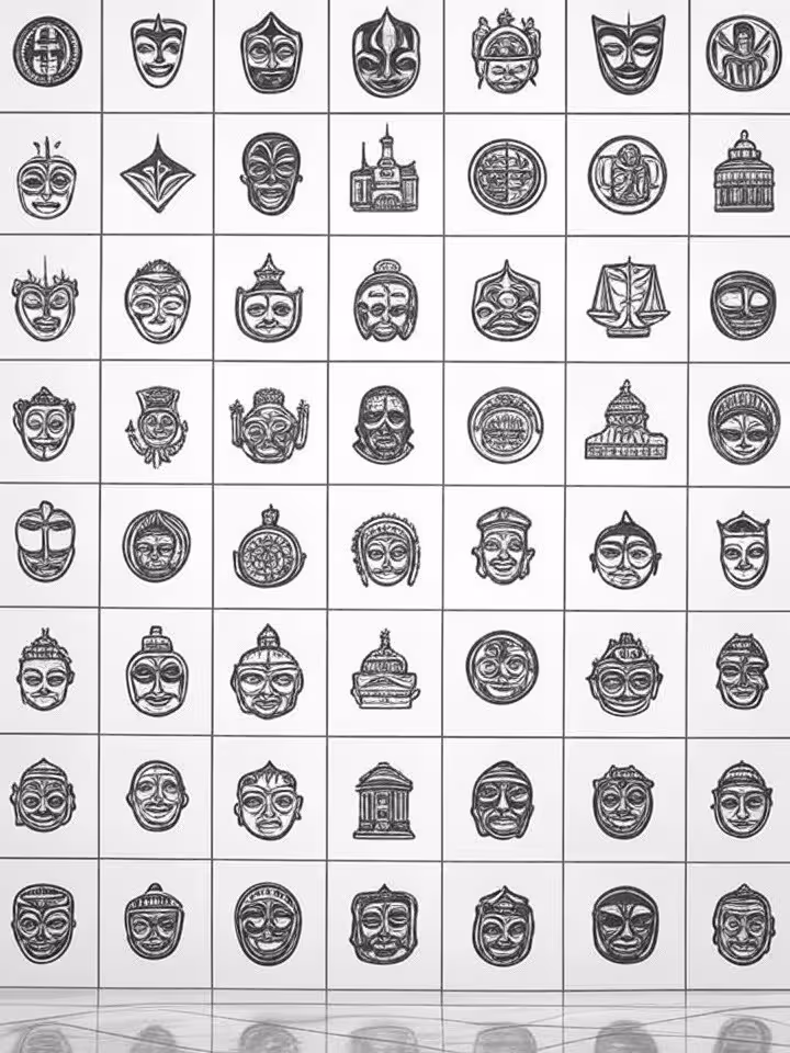 collection of culturally-specific icons and symbols arranged in organized grid showing variations an