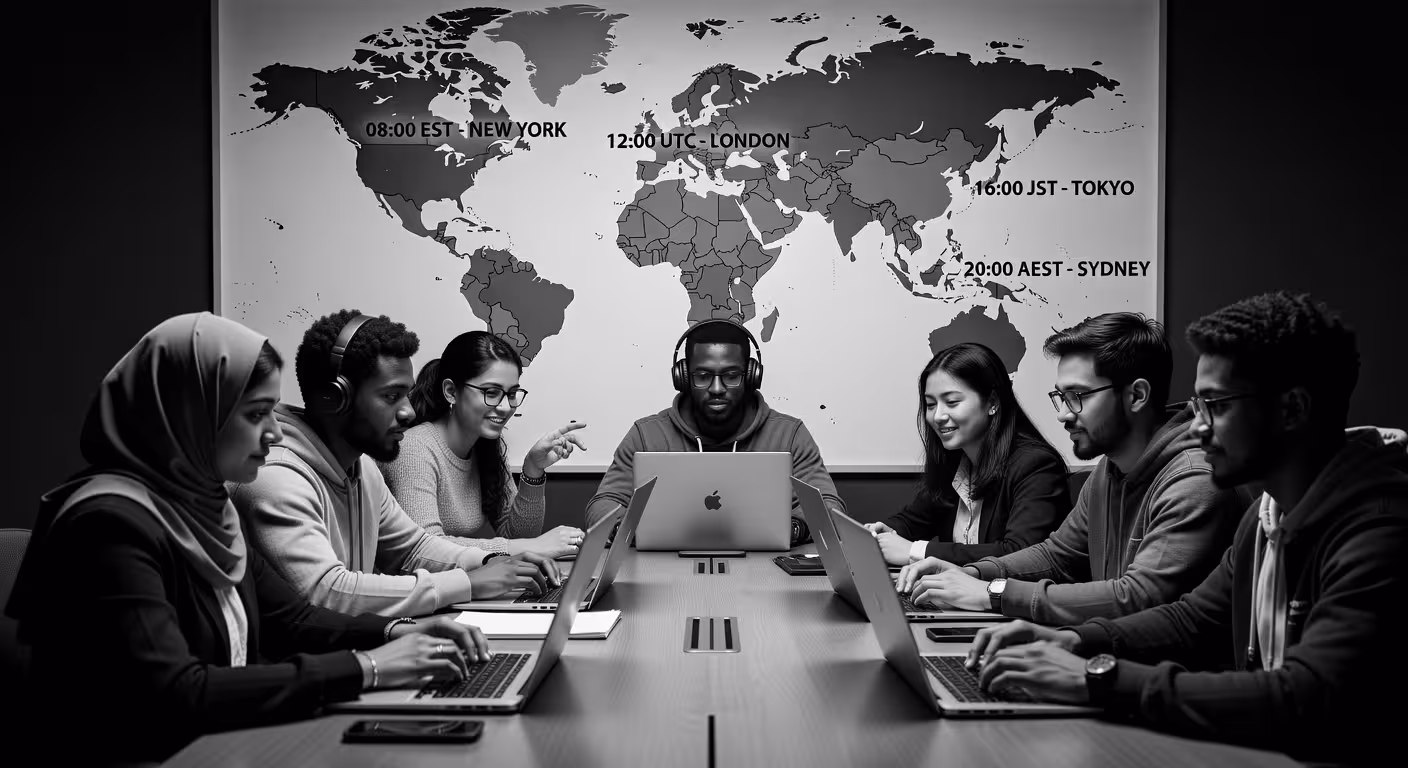 Diverse international students attending virtual classroom on laptops, multiple time zones represent