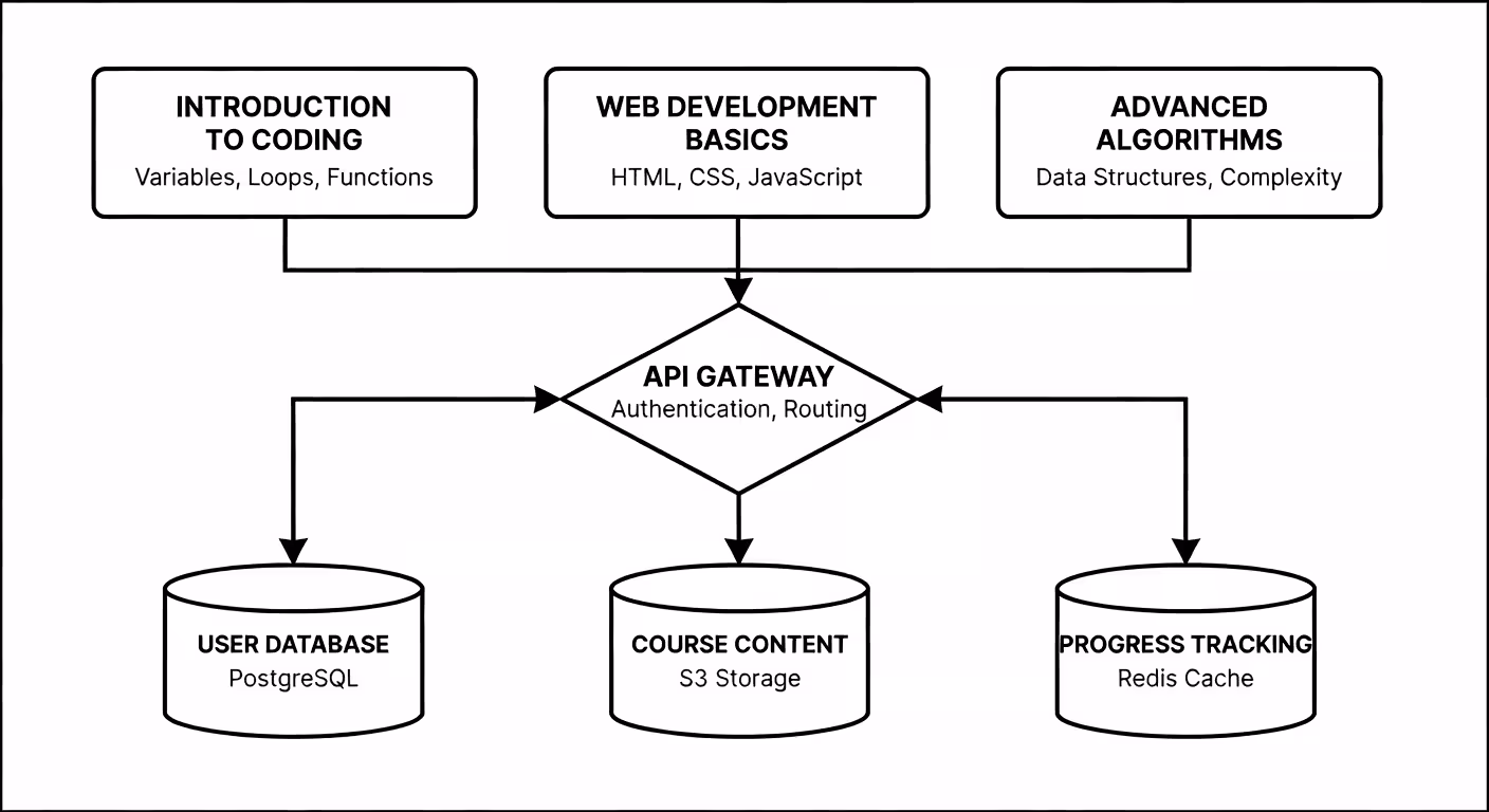 Modular course architecture diagram showing content blocks and API connections, technical flowchart