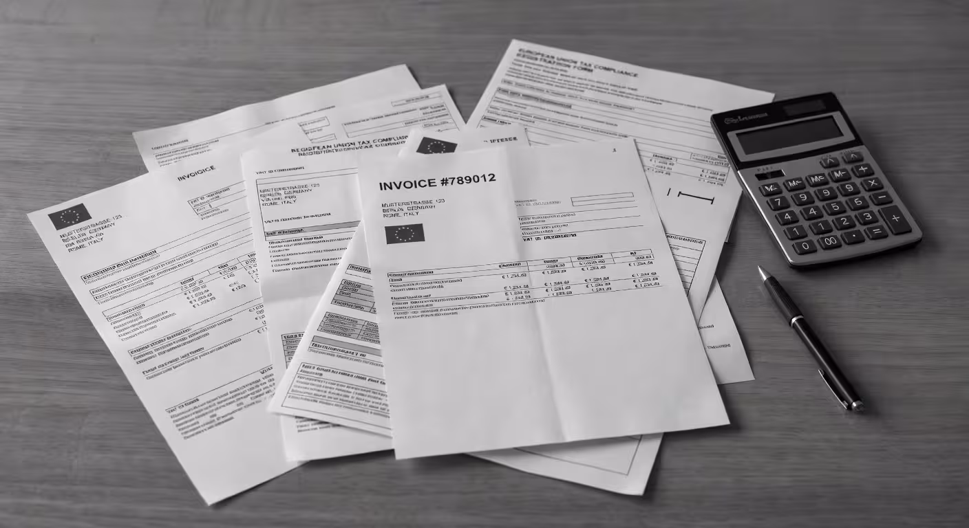 Stack of international business invoices with EU member state addresses, VAT registration documents,