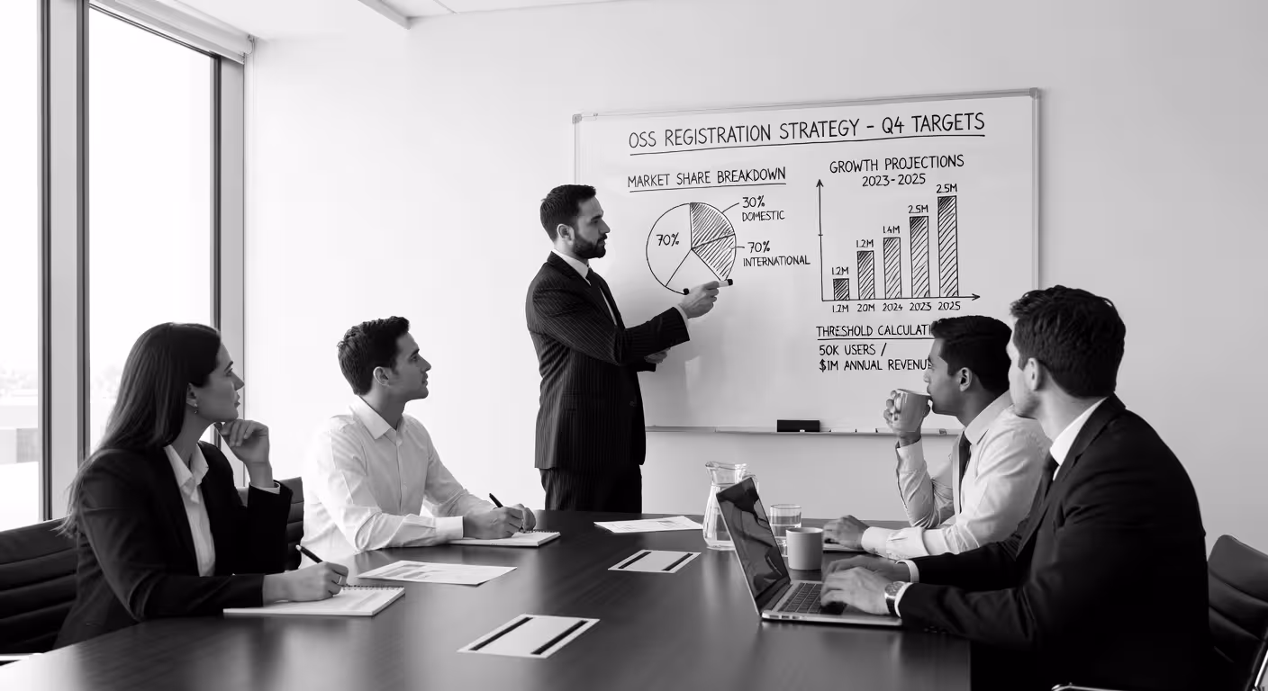 Business meeting discussing OSS registration strategy, team reviewing threshold calculations on whit