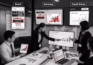International business team analyzing call-to-action button performance on multiple screens showing
