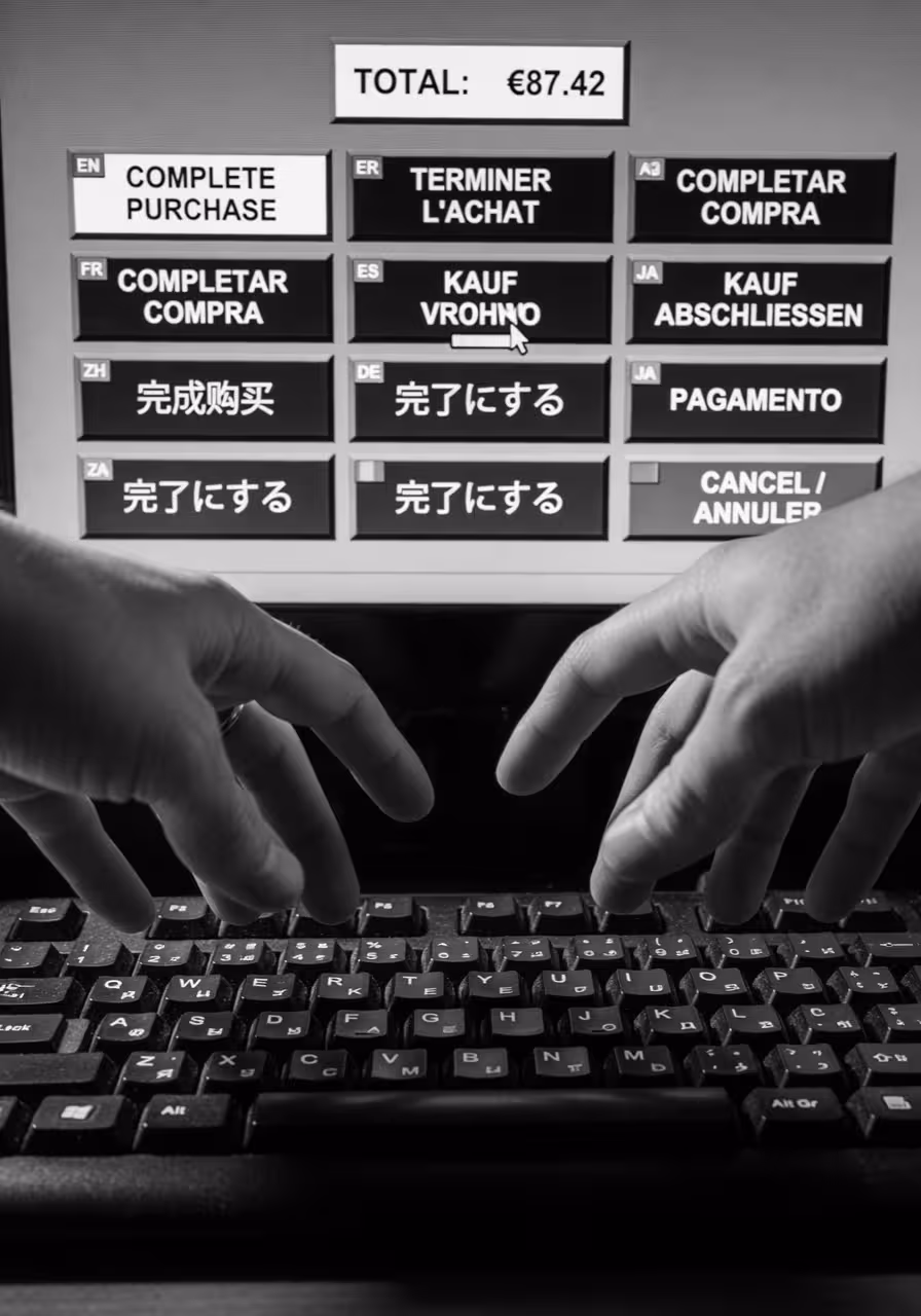 Close-up of hands hovering over computer keyboard with multilingual checkout buttons displayed on sc