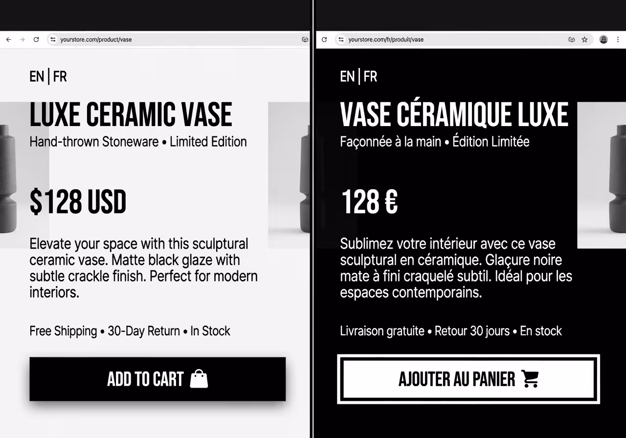 Split-screen comparison of same product page in different languages with contrasting CTA buttons, pr