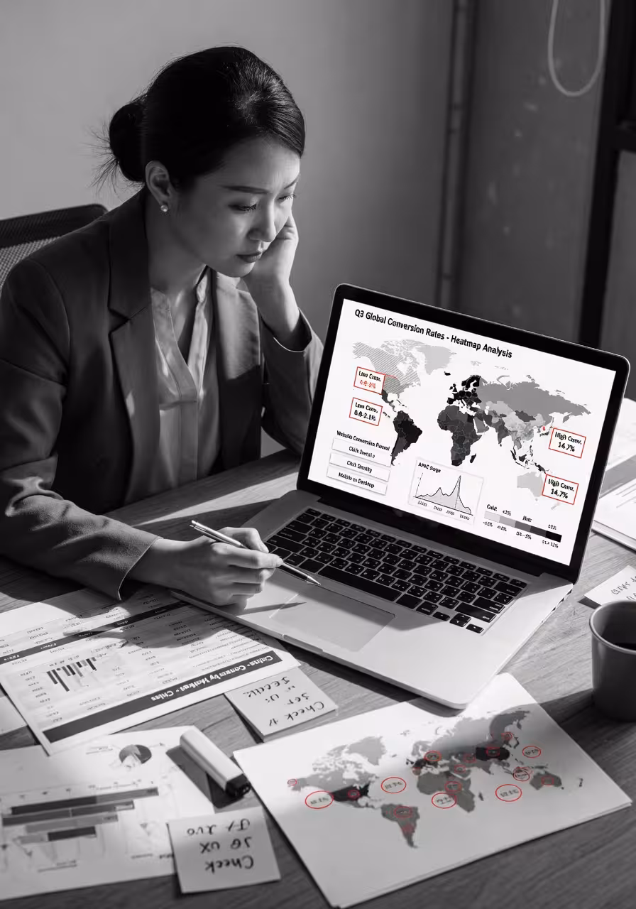 Asian businesswoman reviewing heat-map analytics of website conversion rates across global markets,