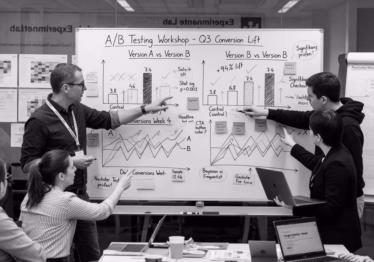 German professional conducting A/B testing workshop with team members pointing at conversion rate ch