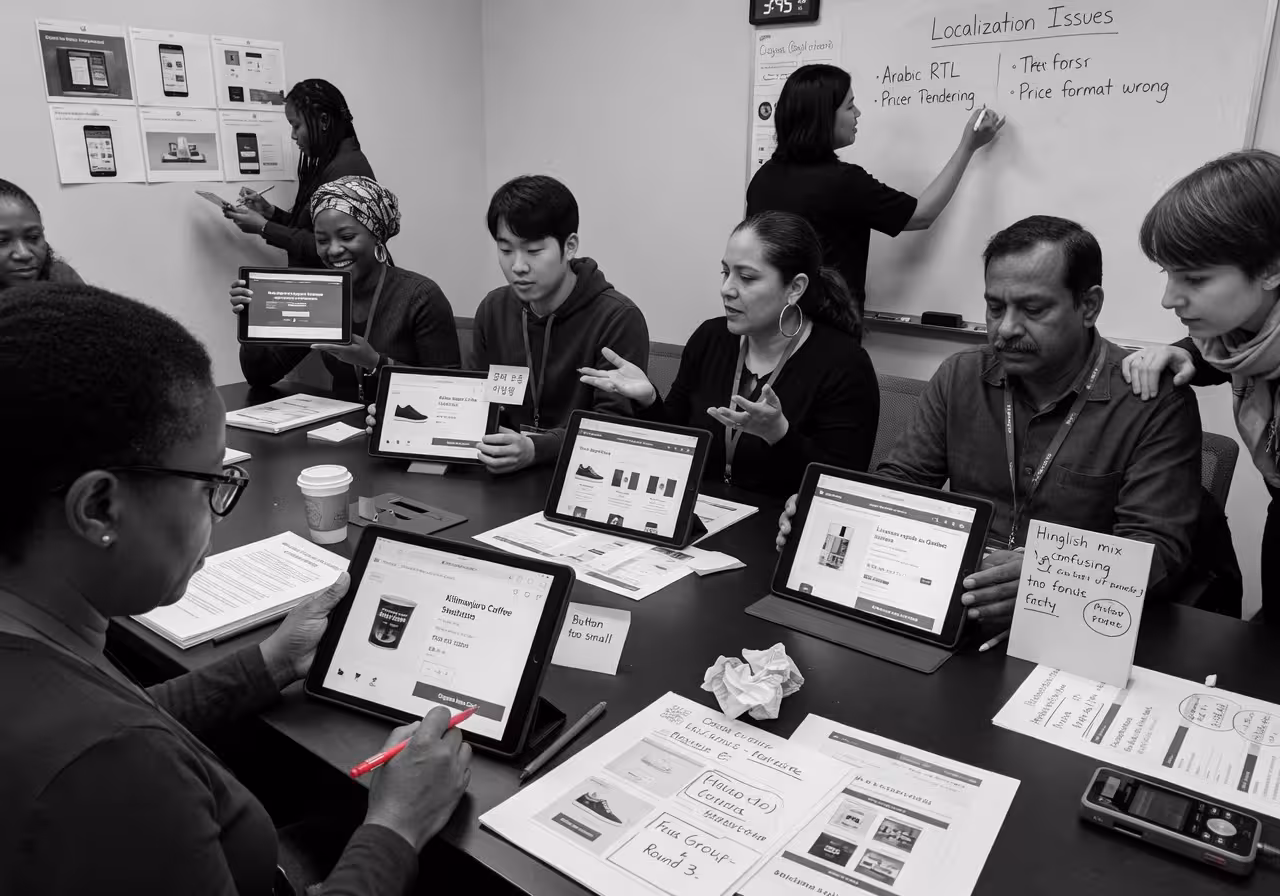 Diverse group of native-speaker testers evaluating localized e-commerce pages on tablets, focus grou