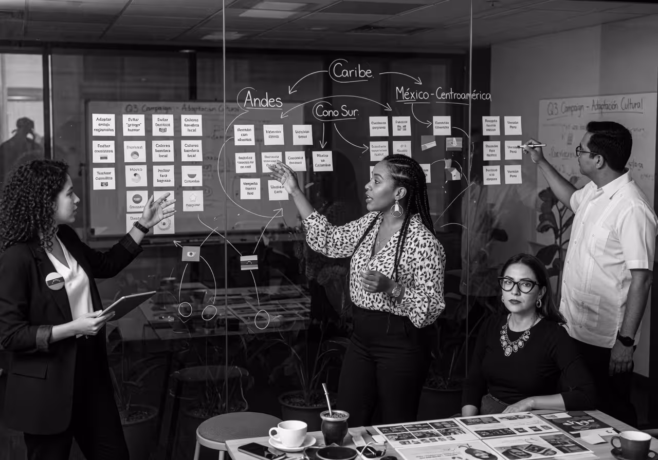 Latin American marketing team discussing cultural adaptation strategies with colorful sticky notes o
