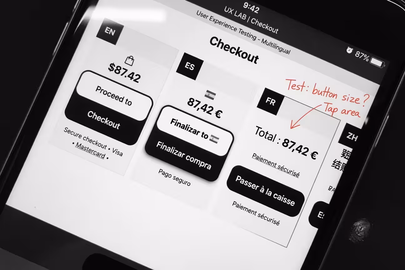 Close-up of mobile phone displaying checkout button in different languages side by side, user experi